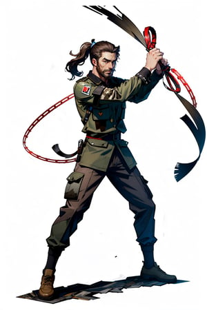 masterpiece, (best quality:1.5), [(white background:1.15)], (1man), brown hair, ponytail, (holding whip), wind, camouflage clothes, ((black tiger)), entangled silk thread, fighting stance