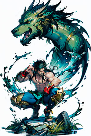 masterpiece, (best quality:1.5), [(white background:1.15)], 1man, handsome, black hair, long flowing hair, bare arm, bare hands, 1punch raised up, split squatting, topless, green leg armor, pupple leggins, wind, angry face, water element, green chinese drogan, 