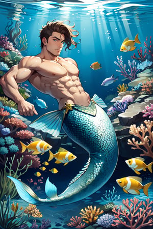 masterpiece, best quality, ultra high res, 1male, male mermaid, manly, muscular,brawny, beefy,short wave hair, (tan skin), (golden scales), (fins on arms),fins on back, trident, under the sea, bubble, fishes, dynamic action, coral reefs, light refracted under the sea. depth of field, perfect light, ,mermaid foucs,