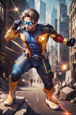 (4k), (Masterpiece), (Best Quality), (Award-winning), (Film Lighting), (Extremely Detailed), (Epic), Full Body, 1boy, brown hair, (metal safety goggles), ((blue tights suit with silver line)), (yellow leather gloves), (yellow leather boots), tactical belt, (goggles emitting red lasers), x-men, cyclops, dynamic poses, wind, perfect light, rim light, city high-rise building_background, (laser refraction in background), fantasy00d