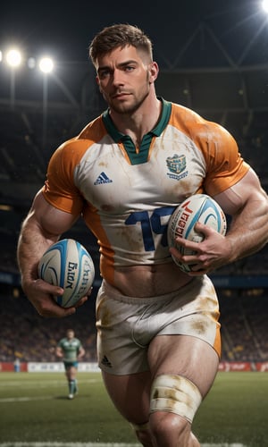 Masterpiece, Best Quality,  (Award-winning),  (Film Lighting),  (Extremely Detailed),  (Epic), 1 handsome man, strong and muscular, rugby player, running on the field, holding one rugby ball, sweating, soaked jersey, white short jersey pants, stubble, leg hair, hairy arm, high detail, Movie Still, 