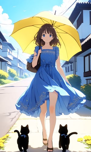 A brown hair beautiful girl wearing blue dress held a yellow umbrella and walking on the roadside in a residential area. A black kitten with her. it is a sunny day.
masterpiece, 8K, fresh style,