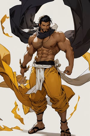 masterpiece, best quality, perfect lighting, detail face, ((beard)), black hair, detailed eyes, toothy smile, muscular, masculine, protruding pecs, large pectorals, handsome man, arab, clothmancer, white cloth, headscarf, black and yellow sandals, dynamic pose, wind,[(white background:1.15), Clothmancer, Street Fighter, RASHID,