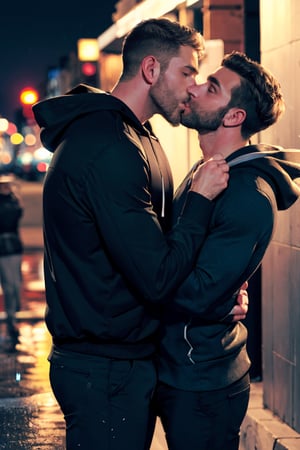 (2man), kiss, kissing, handsome, bearded, muscular, pleasure, tall one wearing suit, another wearing hoodie, perfect anatomy, raining, city street at night, detailed face, detailed finger, perfect light, best quality, high res, ultra hd,