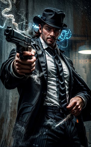 digital painting of a man, shot on Canon 5D Mark II, portrait of a mafia in city street full on neon signboards, ((balck business suit)), (white shirt), (red necktie), (balck hair), smoke from mouth, (with a cigarette in mouth), pants, angry, Holding a pistol in hand, fedora hats,
BREAK 
((blue neon lights)), add lightsource to front, (mouth open:0.5), Leaning lazily against the wall, cinematic, best quality, 8K, masterpiece, intricate details, dynamic pose, dynamic angle, ((surrealism)), ((romanticism)), ((oil painting \(medium\):1.2)), (illustration), huge-muscles, (large pectorals), sharp focus, soft lighting, vibrant colors, cinematic photography, volumetric lighting, film grain, hard shadows,xuer pistol