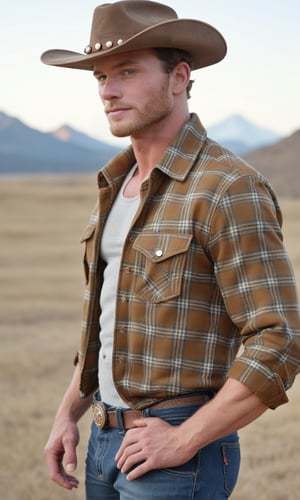 score_9, score_8_above, Masterpiece, Best Quality,  (Award-winning),  (Film Lighting),  (Extremely Detailed),  (Epic), 1 male, upper body focus, cowboy, plaid shirt, jeans, cowboy hat, handsome, wild, wind, mountain background, stubble, unbuttoned, clothes open, aviator bomber jacket, hairy chest, high detail, best quality, Movie Still, from side view,