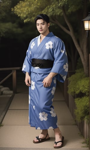 solo male, Japanese, black hair, black eyes, facial hair, thick eyebrows, scar on face, sideburns, (yukata), (kimono), japanese sandals, mature, handsome, charming, alluring, standing, full body, perfect anatomy, perfect proportions, best quality, masterpiece, high_resolution, dutch angle, cowboy shot, photo background, muscular, beefy, intricate details