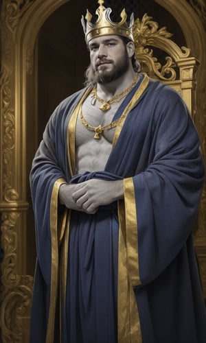 1man,king, long beard, gold necklace,(beefy),mature,gold crown,crow's feet,gorgeous blue robe,