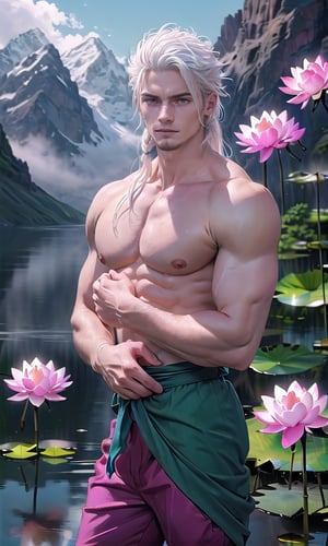 (photorealistic:1.2), (masterpiece, sidelights, exquisite gentle eyes), (character focus,face focus,close to viewer,portrait,masterpiece,)、anime colored, cute face, 3D face, (white hair, long-hair:1.2),(1 boy), stand, (blue eyes), 
handsome, (asian face), (gentle smile:1.5), Gentle face, (gradient background),  
neat and clean, adorable, shiny hair, shiny skin, niji, sketch, manga, (Alpine lotus leaf flower background:1.2), fog sky, lake,
(white & pink lotus flower:1.4), idle animation, put hands on waist, (Long shot:1.6), (massive chest), nipples, erect nipples, detailed nipples, show chest, pink pants, slim, best quality