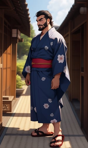 solo male, Japanese, black hair, black eyes, facial hair, thick eyebrows, scar on face, sideburns, (yukata), (kimono), japanese sandals, mature, handsome, charming, alluring, standing, full body, perfect anatomy, perfect proportions, best quality, masterpiece, high_resolution, dutch angle, cowboy shot, photo background, muscular, beefy, intricate details