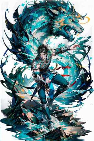 masterpiece, (best quality:1.5), [(white background:1.15)], 1boy, handsome, (no beard), (no facial hair), black hair, long flowing hair, bare arm, bare hands, 1punch raised up to sky, lunge, topless, green leg armor, pupple leggins, wind, angry face, (water element), chinese drogan, Shenrong, ,1boy