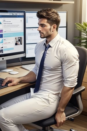 masterpiece, best quality, perfect light, sufficient light, detailed face, 1man, young, handsome, white shirt, tie, stubble, big pec, ((pantsless)), (underwear), sitting from at computer desk, Online Meetings, video conference, side view, (full body photo),