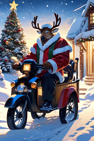 (1anthro), (Elk), ((antlers)), brown fur, kemono, furry, muscular, ((rickshaw)), Christmas costume, outdoor, snowy, small town streets, huge Christmas tree, perfect light, (best quality), (8k), (masterpiece), ,Santa Claus, anthro focus,