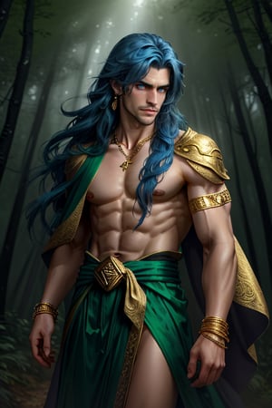 1 man,blue hair,long hair,handsome, slender, skinny, topless, robe, earrings,ribbon tied around the waist,gold bracelets,emerald necklace,wind, golden long wand,Masterpiece,best quality,high res,detailed face,detailed eyes,dynamic pose,perfect light,rim light,forest background,