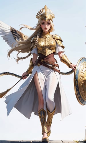 masterpiece, (best quality: 1.5), [(white background: 1.15)], (1 woman), blonde long hair,radiant blue eyes, braids, Roman helmet, (golden shield with snake pattern), wind, beauty, white clothes , tassel, daytime, (white owl flying beside), Parthenon in background, full body,