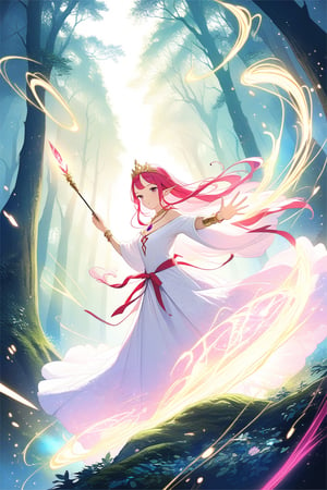 1 elf girl, pink long hair, Center parted bangs, smart, beautiful, pointed ears, tiara, sapphire pendant earrings, white shoulderless high-neck dress, red ribbon tied around the waist, white sleeves, gold bracelets , emerald necklace, (holding ruby ​​wand), magician, (she is fighting monster:1.2), lighting magic, forest background, wind, chanting spells, Masterpiece, best quality, high res, detailed face,dynamic pose, perfect light, rim light, long shot,full body,keep facial details visible,