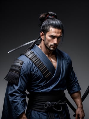 1man, samurai, handsome, protruding pecs, stubbles, japanese samurai clothing, black_hair, Hair tied back, few locks of hair hang down on the forehead, blue cloth, katana, maple leaf scattered in the air, wind, dynamic angle, Masterpiece,  Intricate details,  hdr,  depth of field,  (full body view),  Portrait, open cloth, show chest,