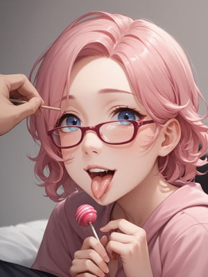 score_9,score_8_up,score_7_up,score_6_up, masterpiece, best quality, detailmaster2, 8k, 8k UHD, ultra-high resolution, ultra-high definition, highres,
//Character, (1boy), big eyes, glasses, wave hair, cute face, pink clothes,tied to a chair
//Fashion,
//Background, white_background,
//Others, offscreen there is a man's hand holding a lollipop, stick out tongue and lick lollipop, saliva trail, Expressive, happy, shy,Expressiveh