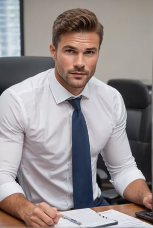 masterpiece, best quality, perfect light, sufficient light, detailed face, 1man, young, handsome, white shirt, tie, stubble, big pec, (no pants), ((boxer underwear)), sitting from at computer desk, Online Meetings, video conference, side view, (full body photo),