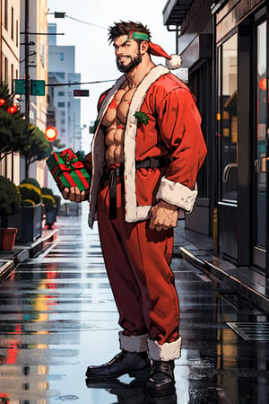 1man, handsome, smile, muscular, beard, detailed face, perfect light,  holding gift box, big box, SF6Ryu, male santa, fur-trimmed jacket, open clothes, street background, christmas tree, full body, side view, looking_at_viewer,