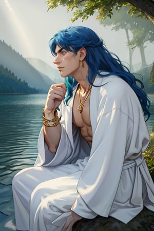 1 man,blue hair,long hair,handsome, pale skin, slender, (skinny), (muscleless), topless, white robe, earrings, ribbon tied around the waist,gold bracelets,emerald necklace,wind, holding wand,Masterpiece,best quality,high res,detailed face,detailed eyes,dynamic pose,perfect light,rim light,forest background, (sit by the lake),side view,