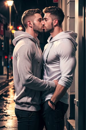 (2man), kiss, kissing, handsome, bearded, muscular, pleasure, perfect anatomy, raining, city street at night, perfect light, best quality, high res, ultra hd, different suit, (white shirt), (blue hoodie), 