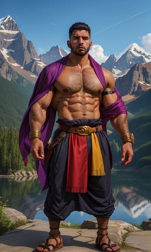 1 turkish man, solo, (beefy), black hair, beard, dark skin, (dark_skinned_male:1.2), pectoralis, half chest exposed, looking at viewer, large pec, mountain_setting, (monk suit), (headkerchief), pelvic_curtain, standing, obi, belt,  sandals, laced_sandals, bracers, 8K, best quality, detailed face,upper_body close,