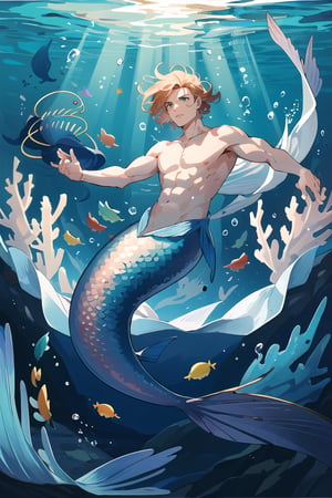 masterpiece, best quality, ultra high res, 1 male mermaid, manly, muscular, short wave hair, green scales, fins on arms, holding trident, under the sea, bubble, fishes, dynamic action, coral reefs, light refracted under the sea. depth of field, perfect light, ,mermaid