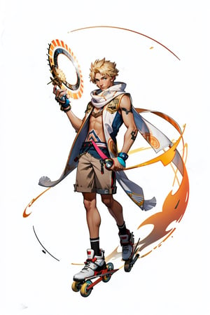 masterpiece, (best quality:1.5), [(white background:1.15)], (1BOY), blond hair, short hair, ((tan skin)), (holding ring blade), (holding circle), wind, Inline skate, pink colthes, short pants, scarf, ((lotus)), whirlwind,1guy