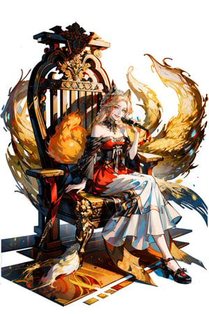 masterpiece, (best quality:1.5), [(white background:1.15)], ((1woman)), long hair, beautiful, charming smile, golden with red strapless dress, (fan), fair skin, ((nine-tailed fox)), sit on throne, 