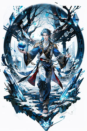 masterpiece,, (masterpiece, best quality:1.5), [(white background:1.15)], 1man, young man, handsome, long blue hair, magician costume, ice element, (Tai Chi patterns under the feet), (goddess in background), (holding crystal ball),