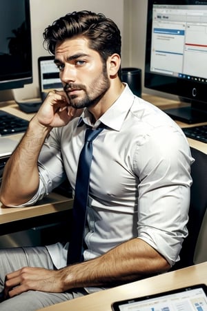 masterpiece, best quality, perfect light, sufficient light, detailed face, 1man, young, handsome, white shirt, tie, stubble, big pec, (boxer briefs), sitting from at computer desk, Online Meetings, video conference, side view, full body pic,