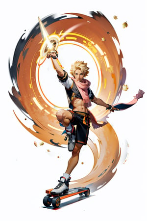 masterpiece, (best quality:1.5), [(white background:1.15)], (1BOY), blond hair, short hair, ((tan skin)), (holding ring blade), (holding circle), wind, Inline skate, pink colthes, short pants, scarf, ((lotus)), whirlwind,1guy, fighting stance