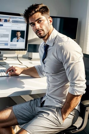 masterpiece, best quality, perfect light, sufficient light, detailed face, 1man, young, handsome, white shirt, tie, stubble, big pec, no pants,(boxer briefs), sitting from at computer desk, Online Meetings, video conference, side view, (full body photo),