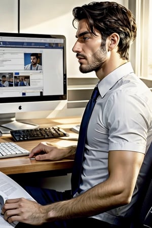 masterpiece, best quality, perfect light, sufficient light, detailed face, 1man, young, handsome, white shirt, tie, stubble, big pec, boxer briefs,, sitting from at computer desk, Online Meetings, video conference, side view,
