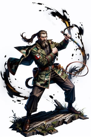 masterpiece, (best quality:1.5), [(white background:1.15)], (1man), brown hair, beard, ponytail, (whip), wind, camouflage clothes, coat, ((black tiger)), entangled silk thread, fighting stance