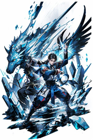 masterpiece,, (masterpiece, best quality:1.5), fighting stance, battle pose, [(white background:1.15)], 1 man, young man, long hair,  handsome, black hair, wizard, ice element,