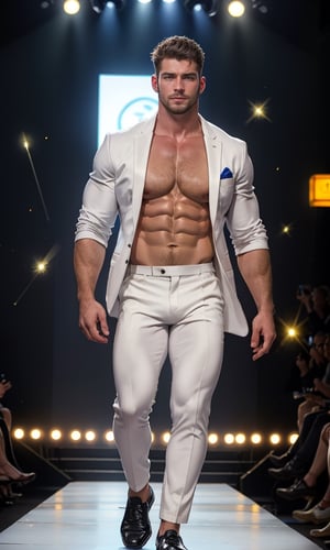 masterpiece, best quality, 8k, 1man, (front Photo), shiny skin, facial hair, walking on fashion show runway stage, wearing white sheer suit, highly detailed face and skin, realistic, mature, stubble, muscular, huge pecs, handsome, male focus, light particles, rim light, Use light to shine through clothes to reveal muscle contours, full body, skin color shows through the fabric of clothes,