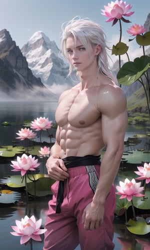 (photorealistic:1.2), (masterpiece, sidelights, exquisite gentle eyes), (character focus,face focus,close to viewer,portrait,masterpiece,)、anime colored, cute face, 3D face, (white hair, long-hair:1.2),(1 boy), stand, (blue eyes), 
handsome, (asian face), (gentle smile:1.5), Gentle face, (gradient background),  
neat and clean, adorable, shiny hair, shiny skin, niji, sketch, manga, (Alpine lotus leaf flower background:1.2), fog sky, lake,
(white & pink lotus flower:1.4), idle animation, put hands on waist, (Long shot:1.6), (massive chest), nipples, erect nipples, detailed nipples, show chest, pink pants, slim, best quality