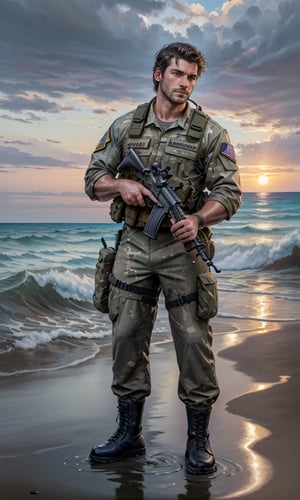 movie poster style, (1man), handsome, stubble, large pectorals, nipples, Navy SEALs, camouflage uniform, rifle, rifle aiming stance, at the beach, sunset, winds, open shirt, wet, water splash, water droplets, oil painting style, Detailed face, detailed eyes, best quality, full body,