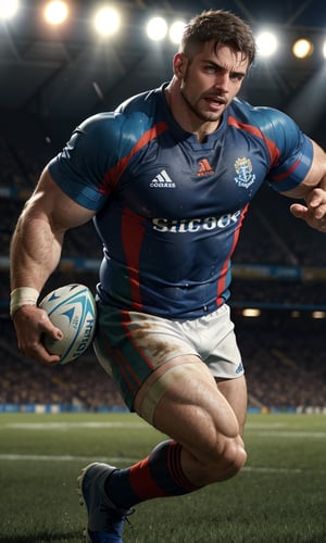 Masterpiece, Best Quality,  (Award-winning),  (Film Lighting),  (Extremely Detailed),  (Epic), 1 handsome man, strong and muscular, rugby player, running on the field, holding one rugby ball, sweating, soaked jersey, white short jersey pants, stubble, leg hair, hairy arm, high detail, Movie Still, 