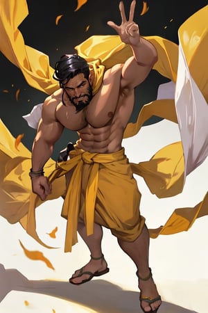 masterpiece, best quality, perfect lighting, detail face, ((beard)), black hair, detailed eyes, toothy smile, muscular, masculine, protruding pecs, large pectorals, handsome man, arab, white cloth, white headscarf, black and yellow sandals, dynamic pose, wind,[(white background:1.15), Clothmancer, Street Fighter, RASHID,Clothmancer