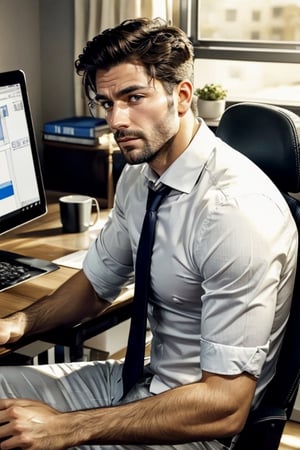 masterpiece, best quality, perfect light, sufficient light, detailed face, 1man, young, handsome, white shirt, tie, stubble, big pec, (boxer briefs), sitting from at computer desk, Online Meetings, video conference, side view, full body pic,