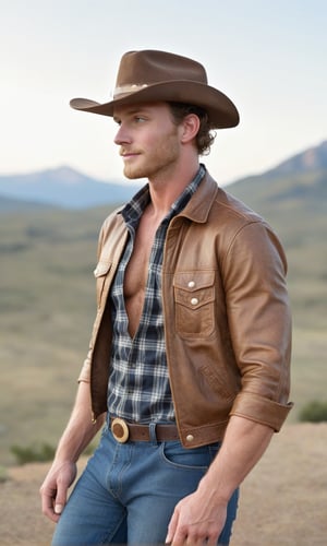 score_9, score_8_above, Masterpiece, Best Quality,  (Award-winning),  (Film Lighting),  (Extremely Detailed),  (Epic), 1 male, upper body focus, cowboy, plaid shirt, jeans, cowboy hat, handsome, wild, wind, mountain background, stubble, half long wild hair, unbuttoned, clothes open, aviator bomber jacket, hairy chest, high detail, best quality, Movie Still, from side view,