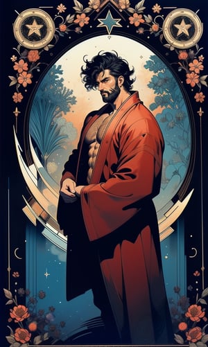 1man,  wearing red robe,  nude,  show chest,  muscles,  large pectorals,  black hair,  mess hair,  full body,  fractal art,  tarot card design,  botanical illustration,  classic,  elegant flourishes,  lofi art style,  retro,  cube star,  best quality,  masterpiece,  extremely detailed,  intricate details, portrait, blacklight, 