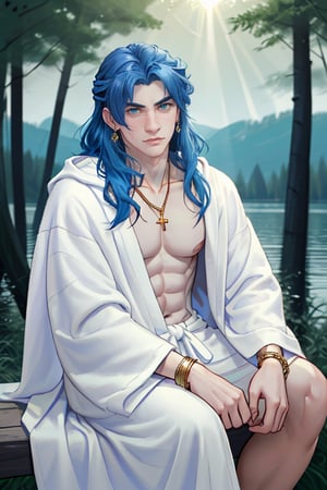 1 man,blue hair,long hair,handsome, pale skin, slender, (skinny), (muscleless), topless, white robe, earrings, ribbon tied around the waist,gold bracelets,emerald necklace,wind, holding wand,Masterpiece,best quality,high res,detailed face,detailed eyes,dynamic pose,perfect light,rim light,forest background, (sit by the lake)