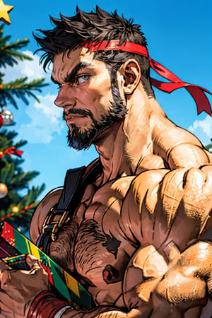 1man, handsome, muscular, beard, detailed face, perfect light,  holding gift box, big box, party, SF6Ryu,male santa, christmas tree, side view, looking_at_viewer,