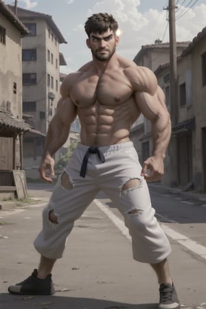 1man, handsome, mess short hair, wind, shirtless, stubble, tattered white trousers, muscular, Beefy, Resolute expression, street fighter, kung-fu stance, perfect light, best quality, high res, detailed face, upper body,