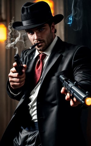 digital painting of a man, shot on Canon 5D Mark II, portrait of a mafia in city street full on neon signboards, ((balck business suit)), (white shirt), (red necktie), (balck hair), smoke from mouth, (with a cigarette in mouth), pants, angry, Holding a pistol in hand, fedora hats,
BREAK 
((blue neon lights)), add lightsource to front, (mouth open:0.5), Leaning lazily against the wall, cinematic, best quality, 8K, masterpiece, intricate details, dynamic pose, dynamic angle, ((surrealism)), ((romanticism)), ((oil painting \(medium\):1.2)), (illustration), huge-muscles, (large pectorals), sharp focus, soft lighting, vibrant colors, cinematic photography, volumetric lighting, film grain, hard shadows,xuer pistol