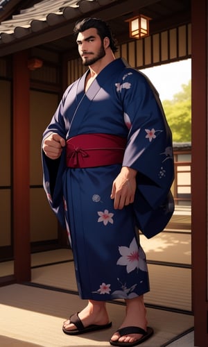 solo male, Japanese, black hair, black eyes, facial hair, thick eyebrows, scar on face, sideburns, (yukata), (kimono), japanese sandals, mature, handsome, charming, alluring, standing, full body, perfect anatomy, perfect proportions, best quality, masterpiece, high_resolution, dutch angle, cowboy shot, photo background, muscular, beefy, intricate details